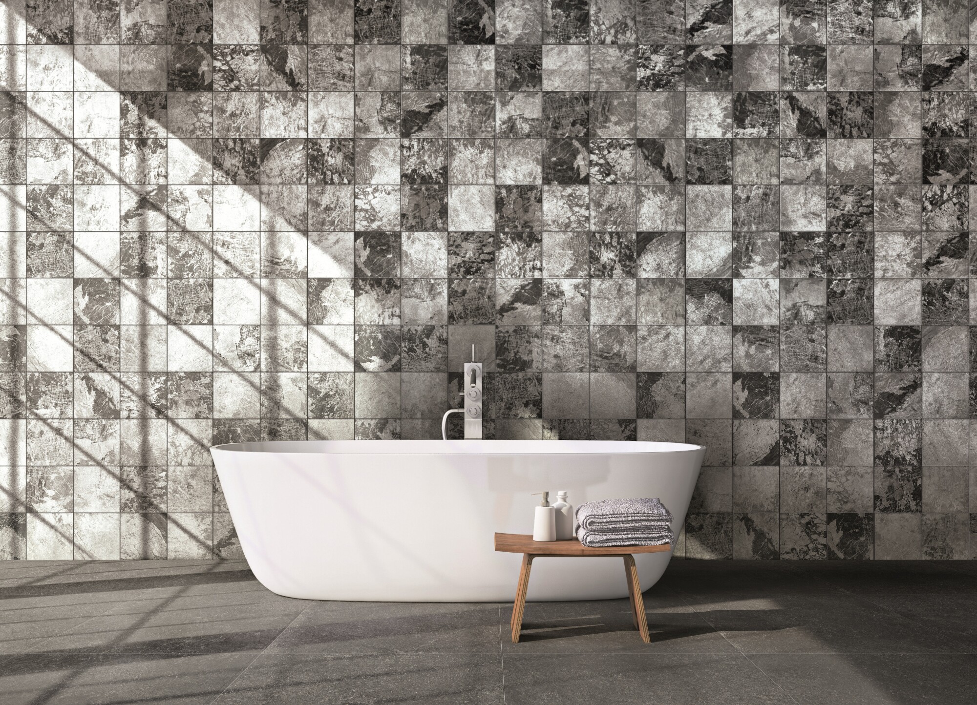 Modern grey bathroom with bathtub. 3d rendering
