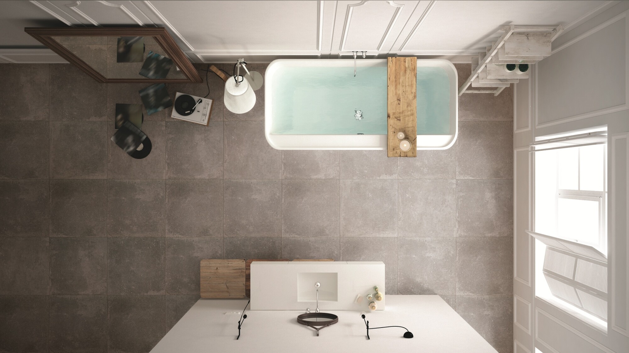 Scandinavian bathroom, white minimalistic design, hotel spa resort, top view