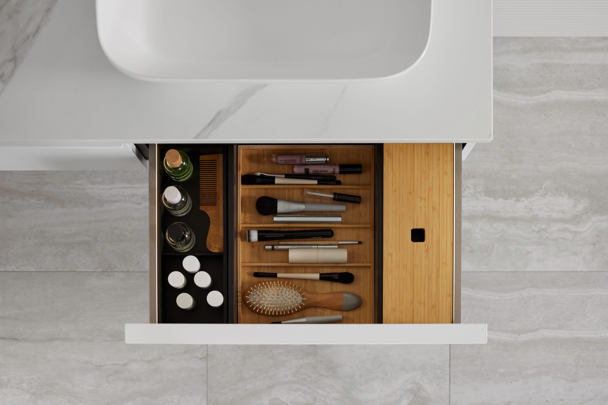 2024 Geberit Mix & Match top view open drawer with organizing system