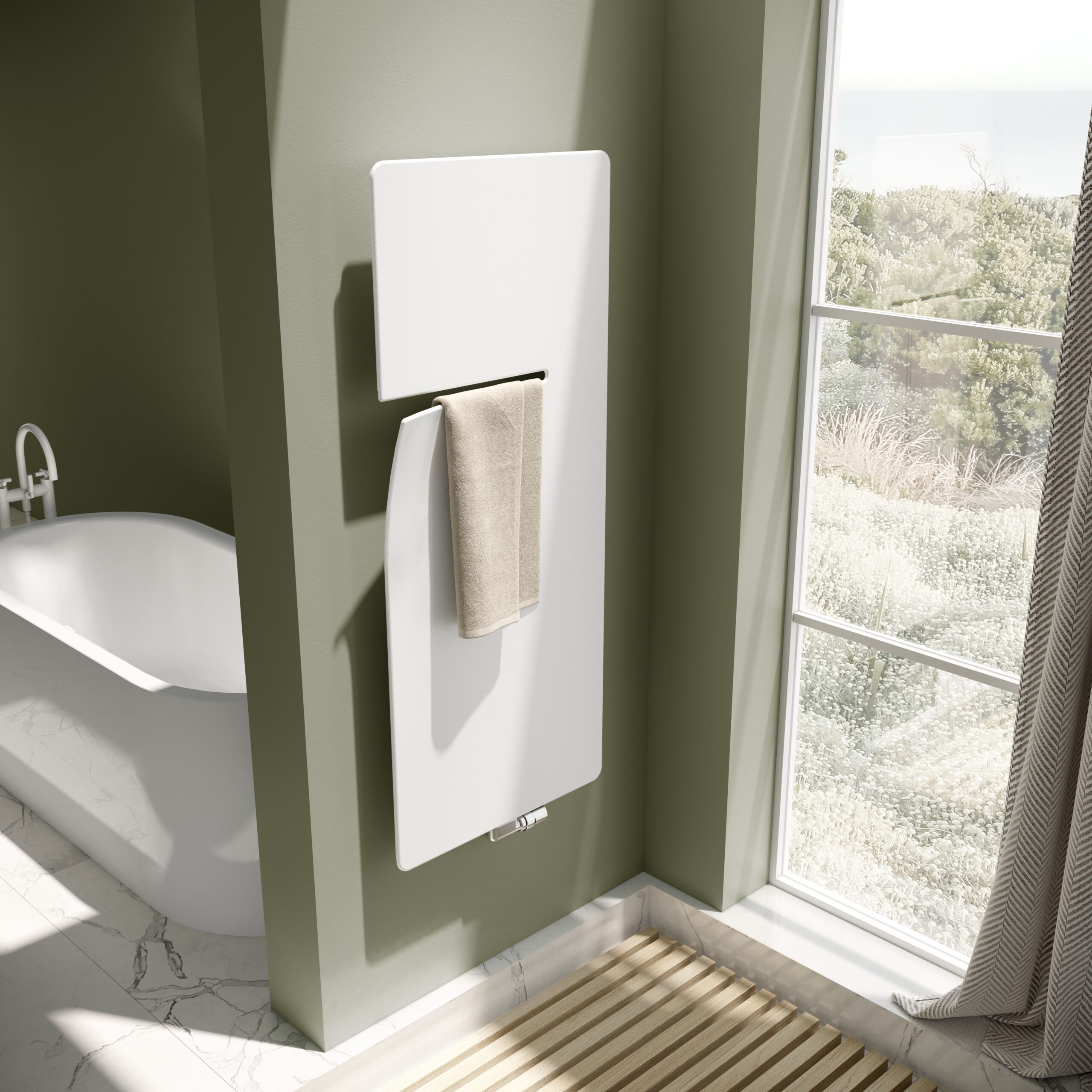 Ineo, Ausführung R
Kompaktheizkörper für Warmwasser-Betrieb
1400x600
Heizkörperfarbe Strukturweiß S600
Produktion 8287
Bodenbelag Douglasie weiss + Marmor
Wandbelag Marmor + Feinputz Farbe: Bancha N.298
Möbel Douglasie weiss
Armaturen Dornbracht
