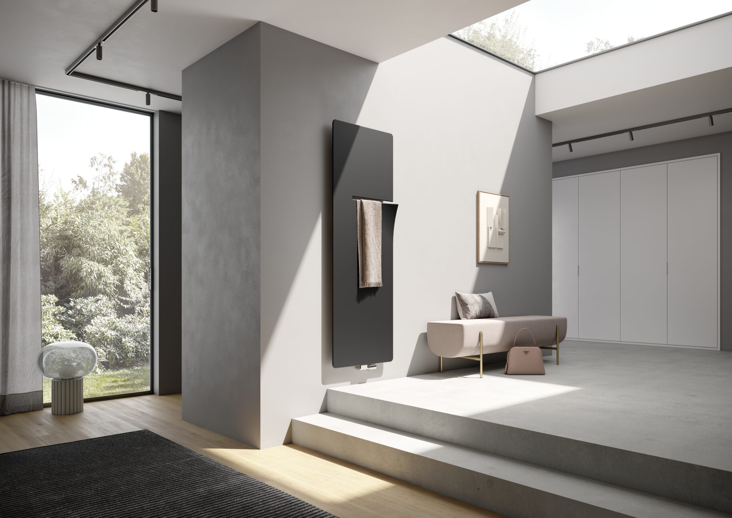 Ineo, Ausführung L
Kompaktheizkörper für Warmwasser-Betrieb
1800x600
Heizkörperfarbe Onyx
Produktion 8287:
Beton+Eiche, 
Wandbelag Anstrich F&B purbeck stone N.275
Decke Anstrich F&B all white N. 2005Beleuchtung FLOS The-tracking-power