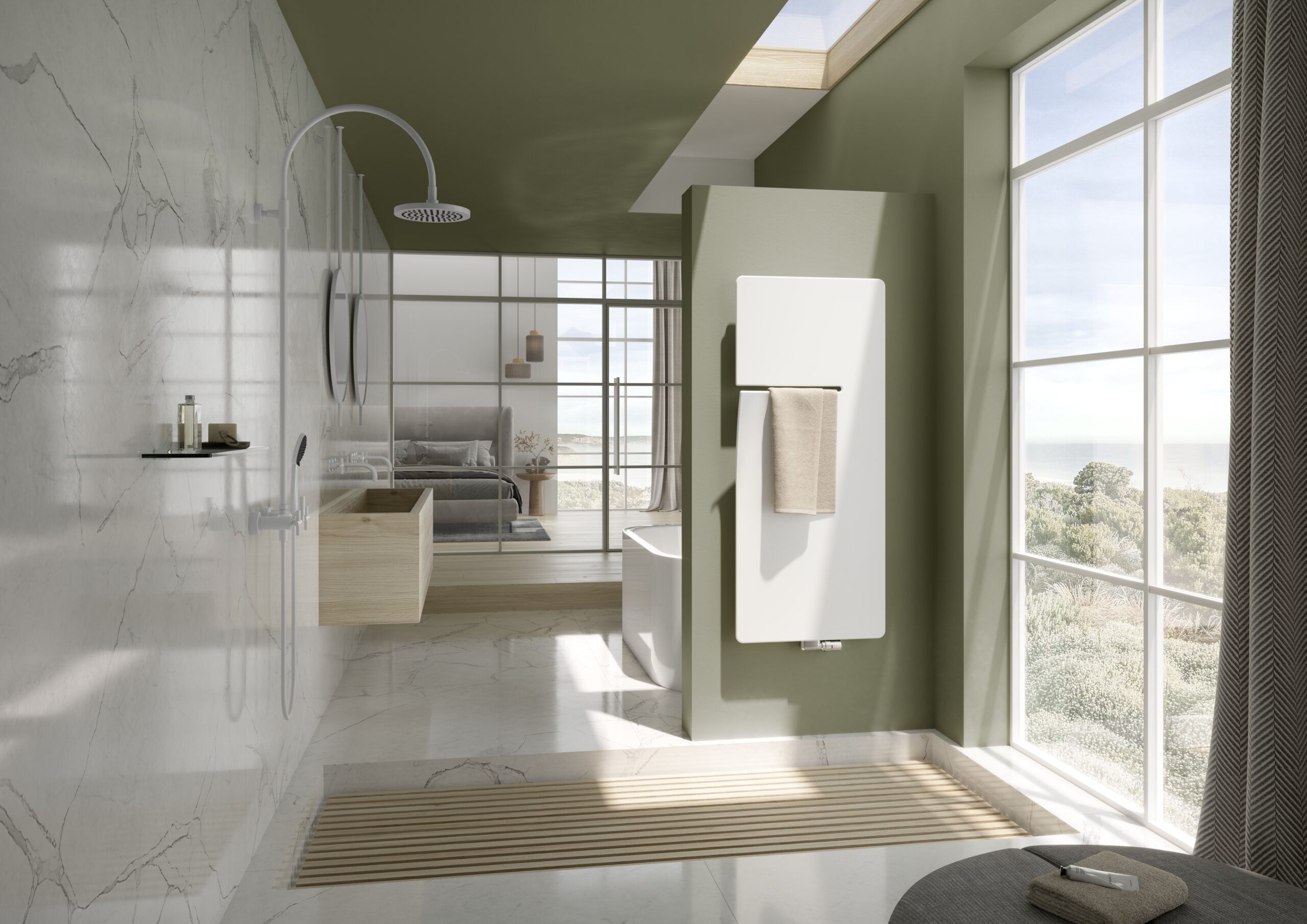 Ineo, Ausführung R
Kompaktheizkörper für Warmwasser-Betrieb
1400x600
Heizkörperfarbe Strukturweiß S600

Produktion 8287
Bodenbelag Douglasie weiss + Marmor
Wandbelag Marmor + Feinputz Farbe: Bancha N.298
Möbel Douglasie weiss
Armaturen Dornbracht