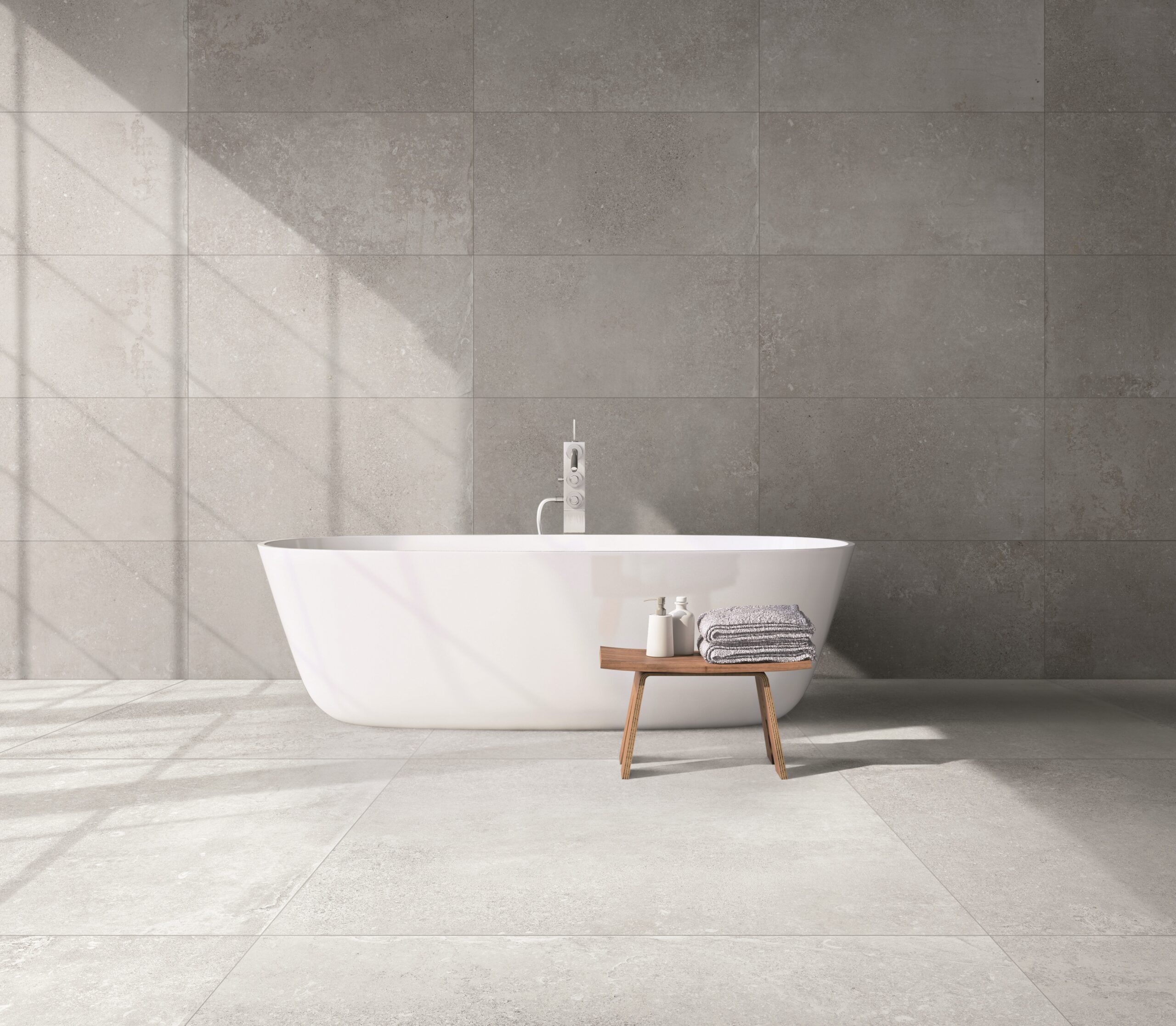 Modern grey bathroom with bathtub. 3d rendering