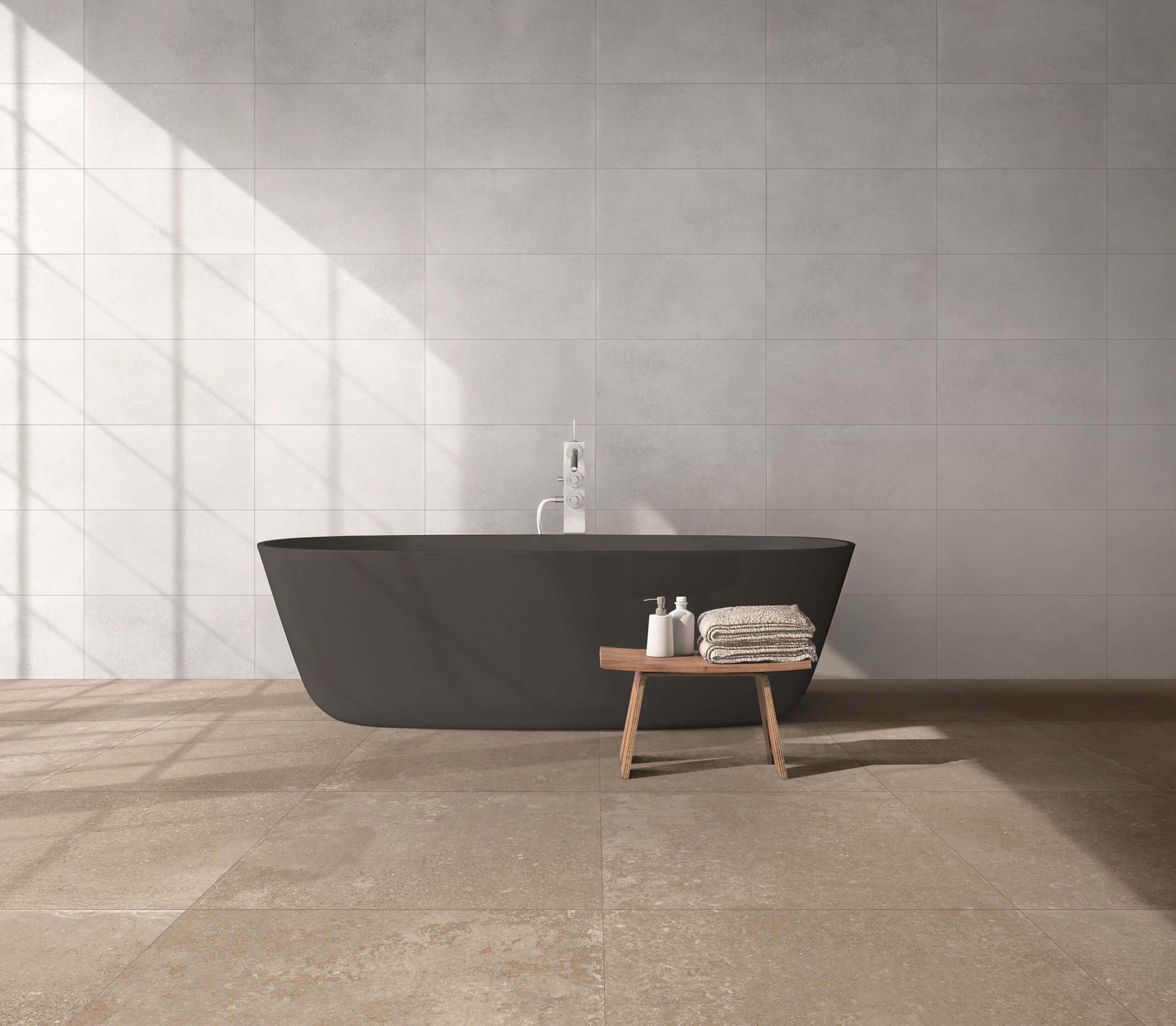 Modern grey bathroom with bathtub. 3d rendering