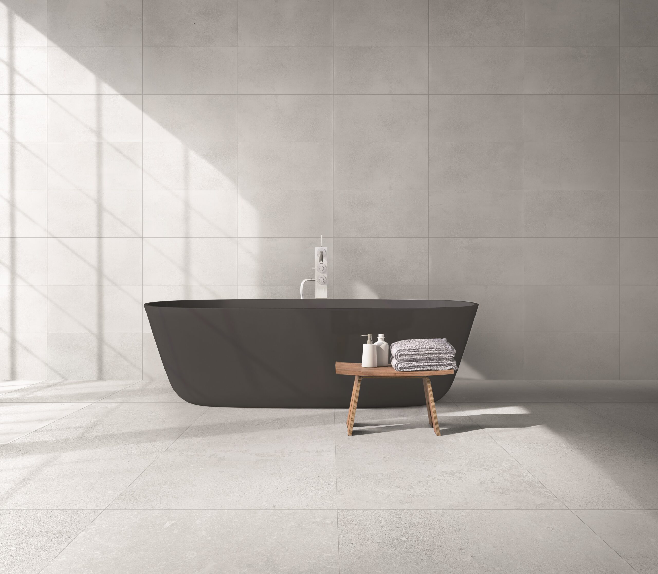 Modern grey bathroom with bathtub. 3d rendering